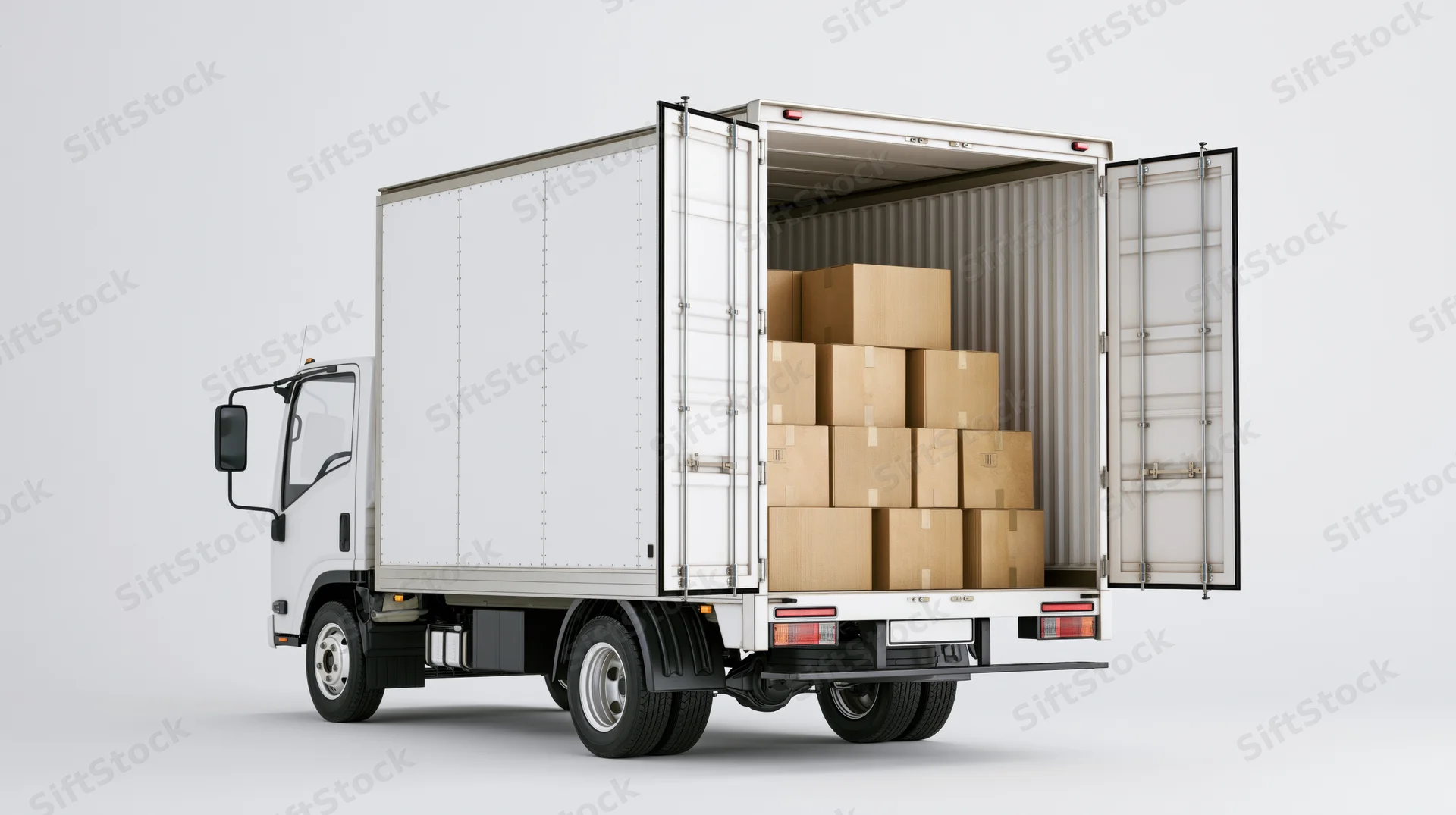 White box truck with open rear doors revealing stacked cardboard boxes inside