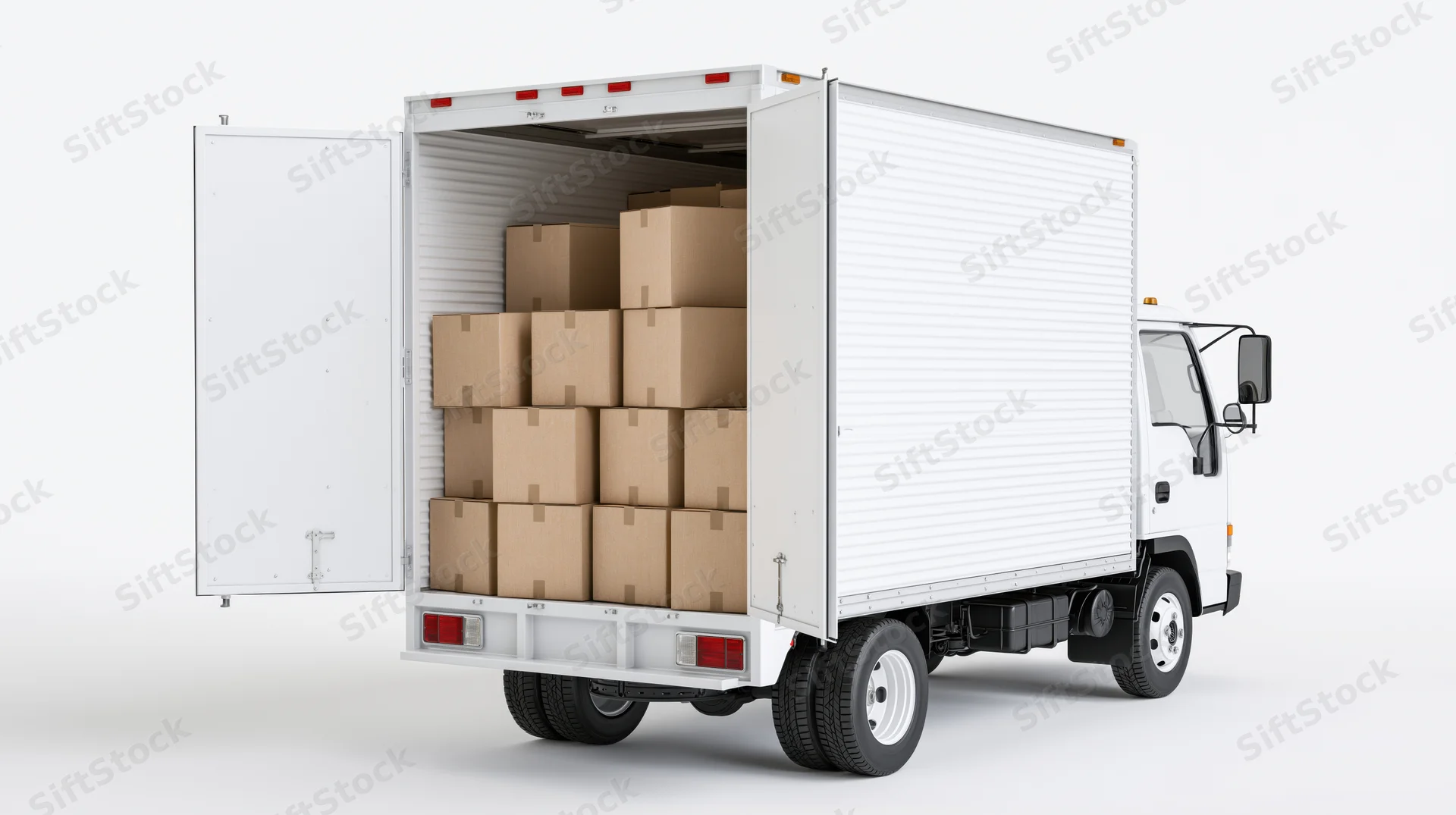 White box truck with open rear doors revealing stacked cardboard boxes inside