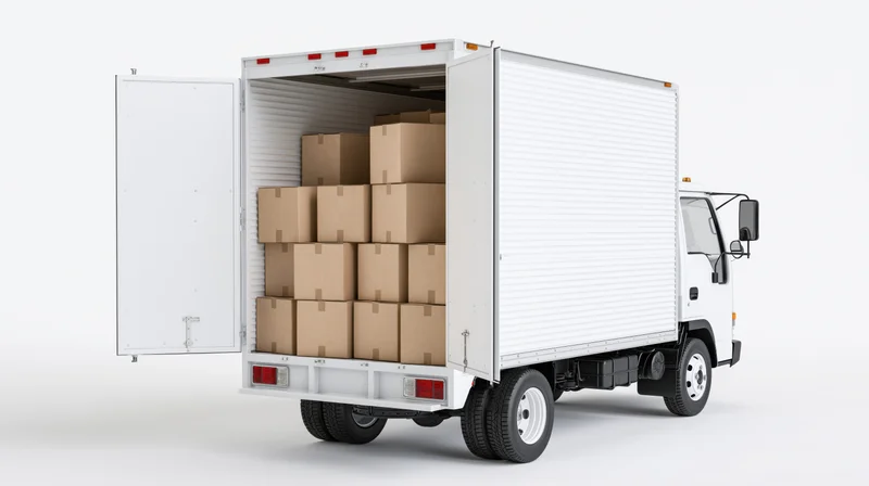 White box truck with open rear doors revealing stacked cardboard boxes inside