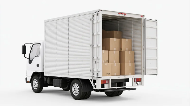 White box truck with open rear doors revealing stacked cardboard boxes inside