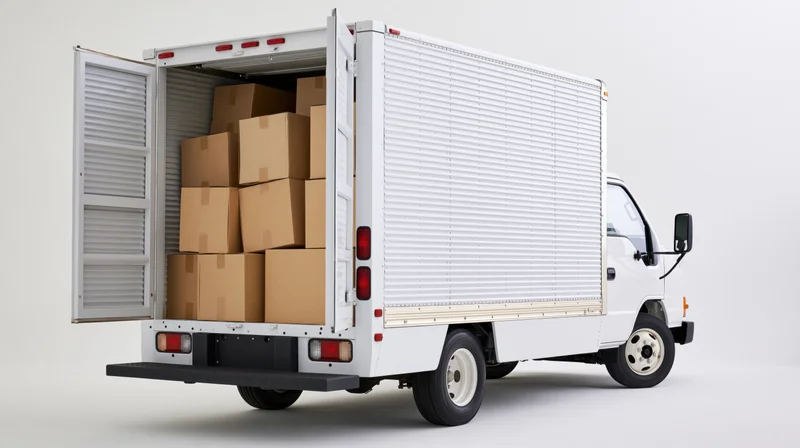 White box truck with rear doors open revealing stacked cardboard boxes inside