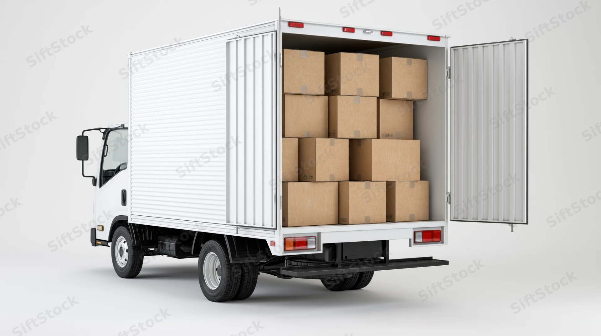 White box truck with rear doors open revealing stacked cardboard boxes inside