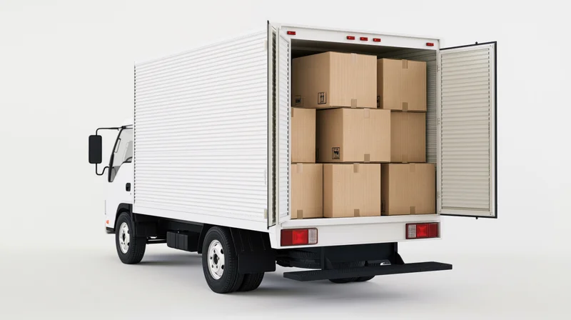 White box truck with rear doors open showing stacked cardboard boxes inside