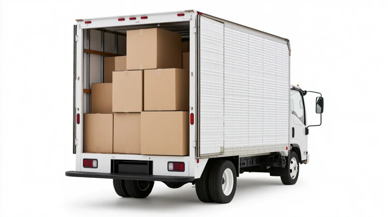 White box truck with rear doors open showing stacked cardboard boxes inside