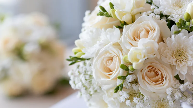 Close-up of a white bridal bouquet with cream roses, chrysanthemums and freesia arranged with baby's breath and greenery