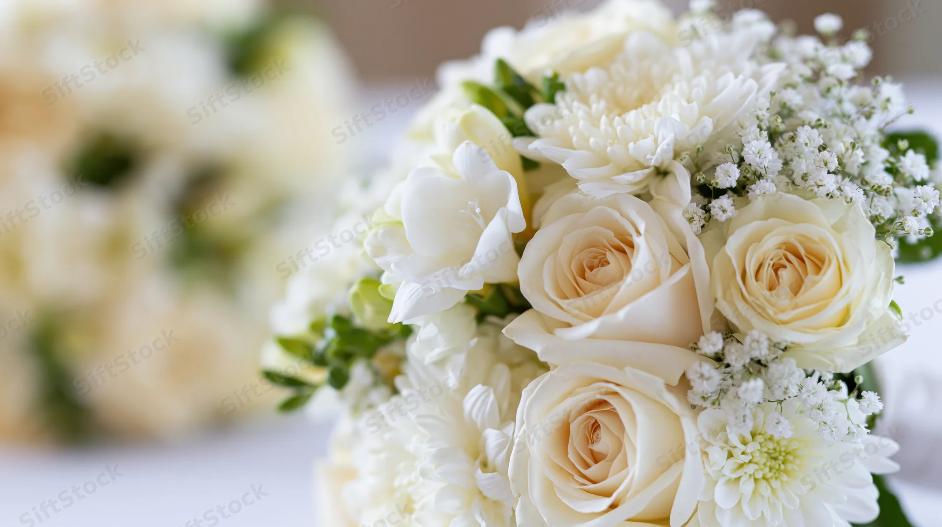 Closeup of a white bridal bouquet with cream roses, chrysanthemums and freesia arranged with green foliage