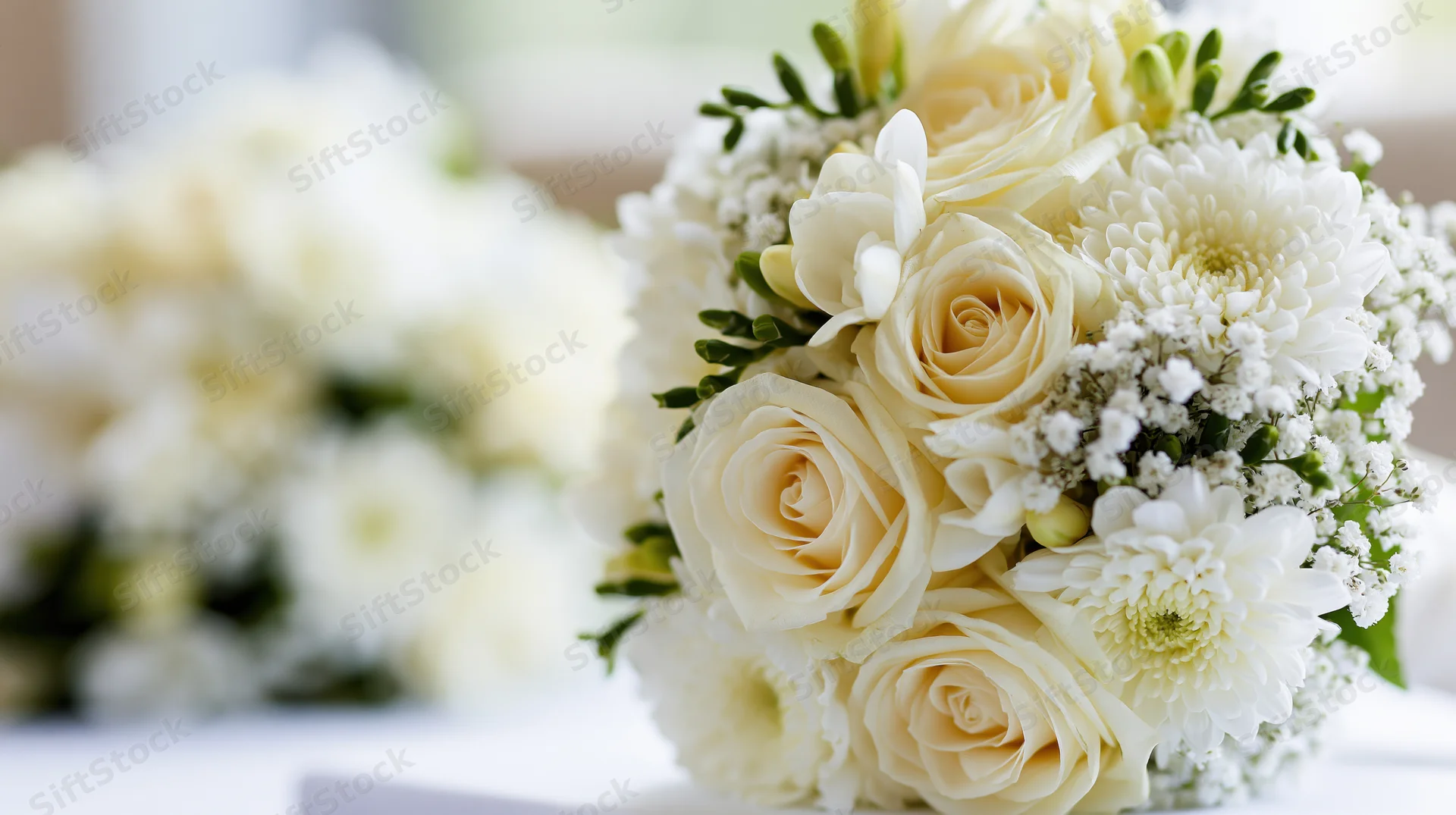 White bridal bouquet of cream roses, chrysanthemums and freesia arranged on a table with soft background blur