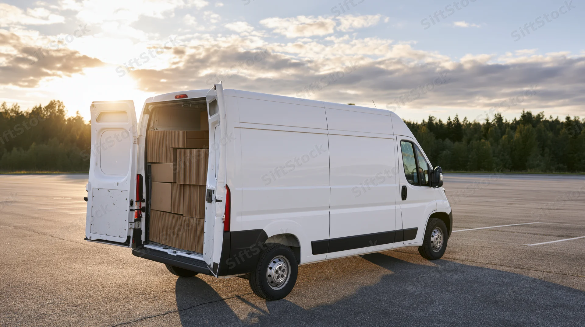 White cargo van with rear doors open revealing stacked cardboard boxes parked on an asphalt lot at sunset