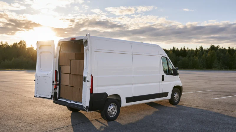 White cargo van with rear doors open revealing stacked cardboard boxes parked on an asphalt lot at sunset