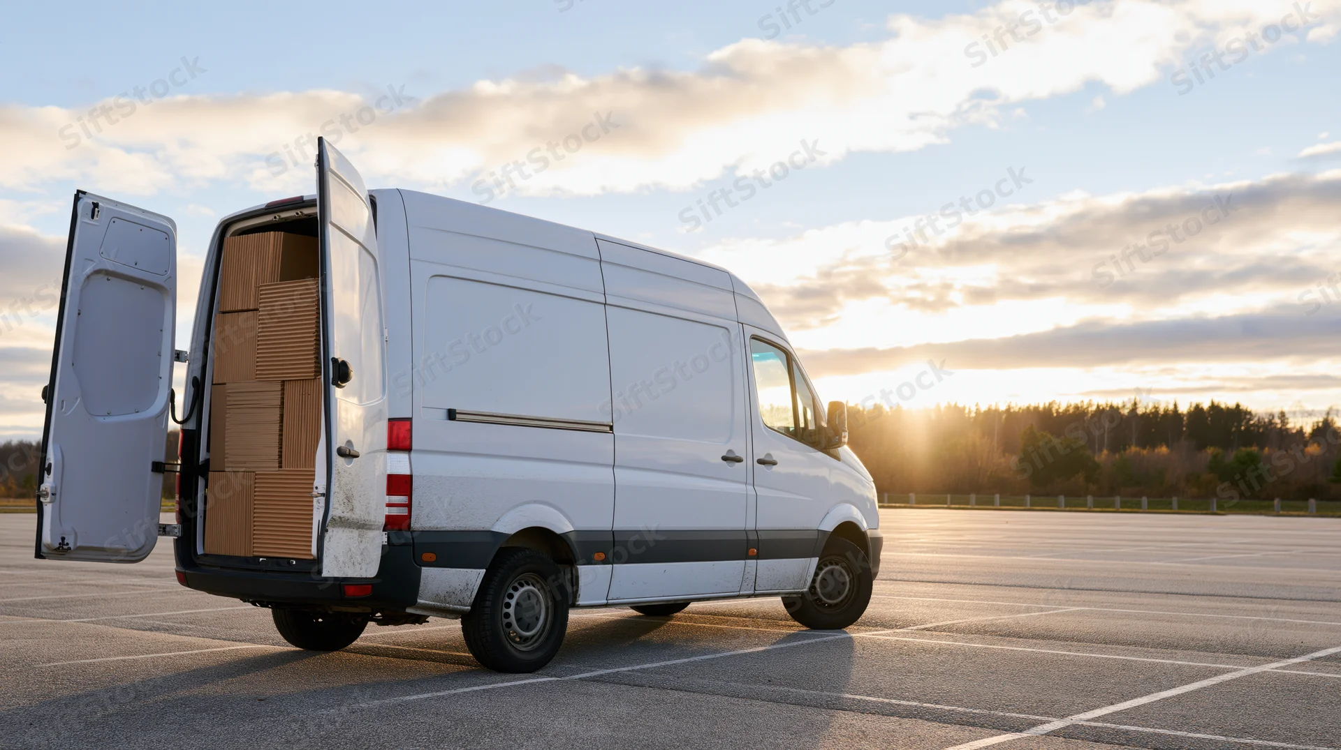 White cargo van with rear doors open revealing stacked cardboard boxes parked on asphalt lot at sunset