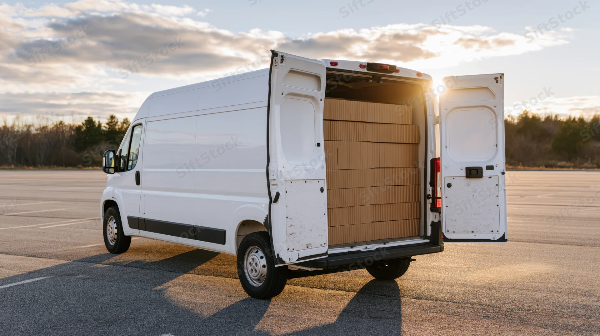 White cargo van with open rear doors revealing stacked cardboard boxes parked on asphalt lot at sunset