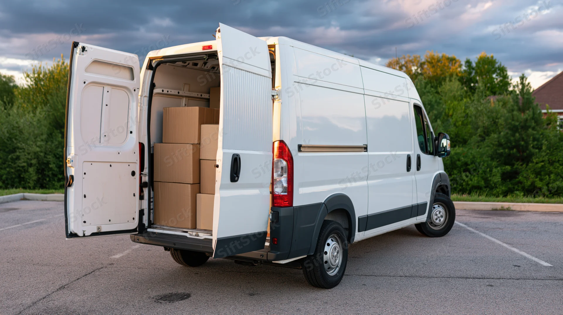 White cargo van with rear doors open wide and stacked boxes
