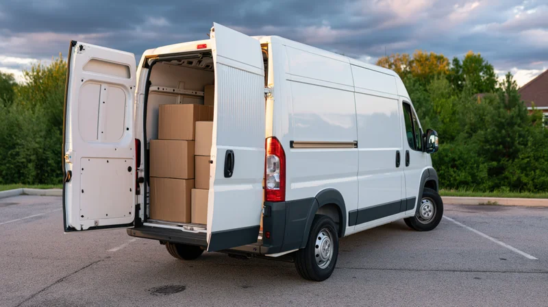 White cargo van with rear doors open wide and stacked boxes
