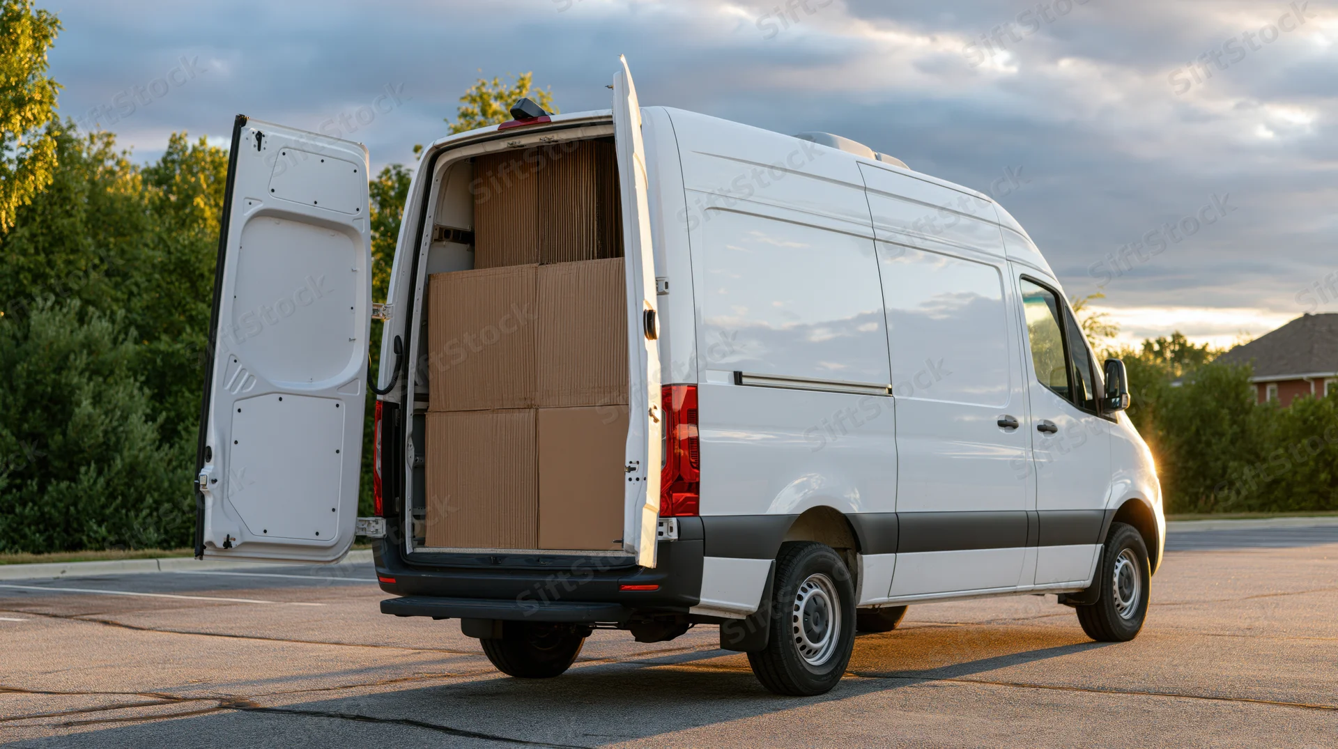 White cargo van with rear doors open revealing stacked cardboard boxes on paved surface near residential area at twilight