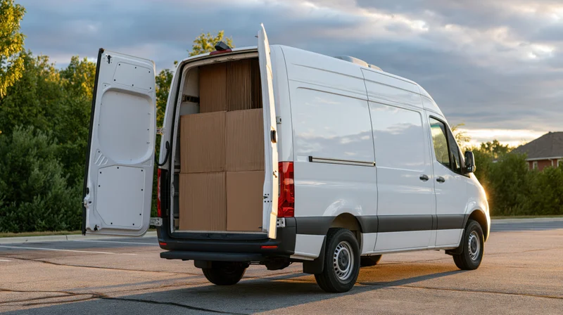White cargo van with rear doors open revealing stacked cardboard boxes on paved surface near residential area at twilight