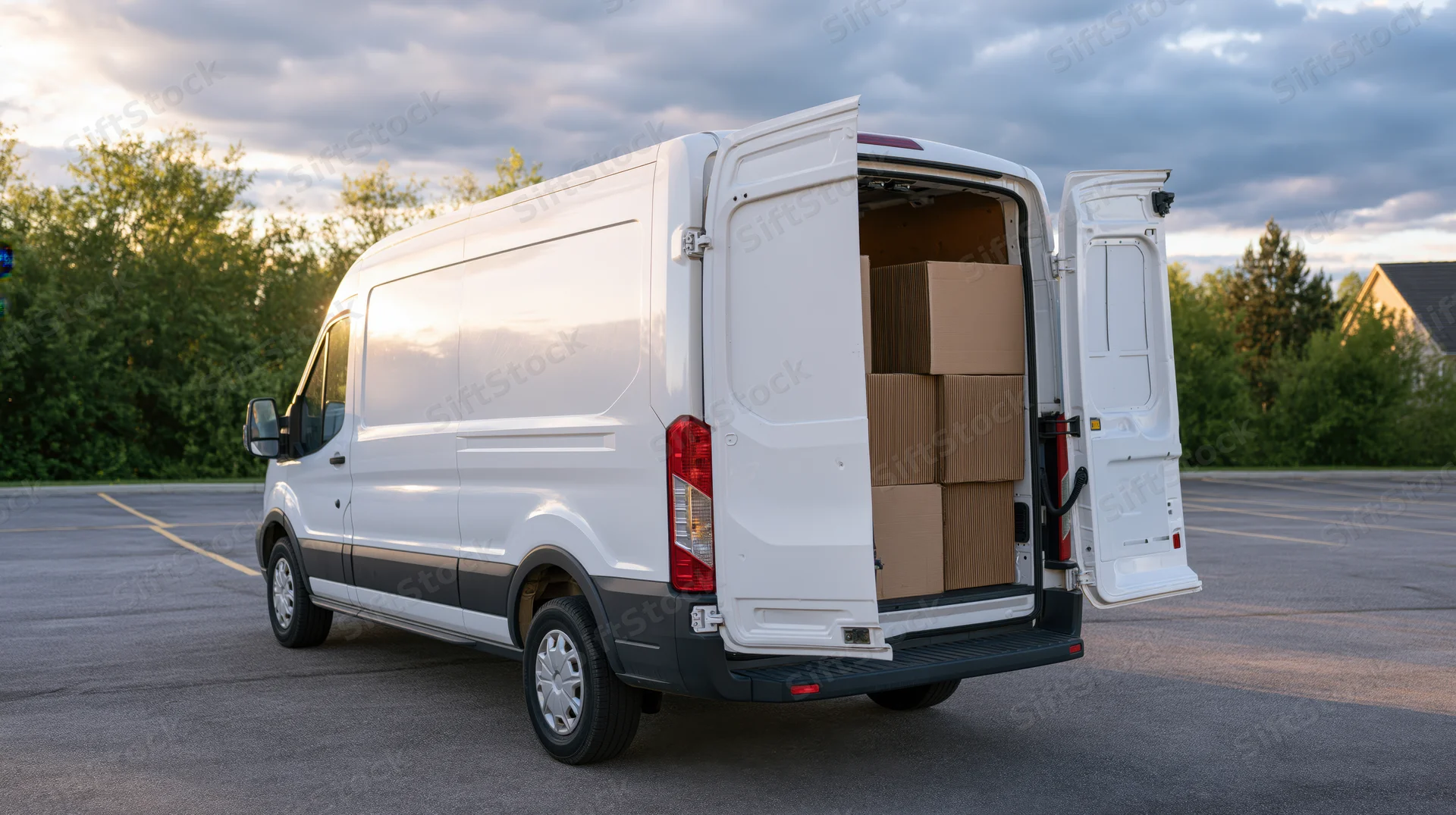 White cargo van with rear doors open revealing stacked cardboard boxes in a parking lot at twilight