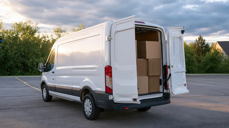 White cargo van with rear doors open revealing stacked cardboard boxes in a parking lot at twilight
