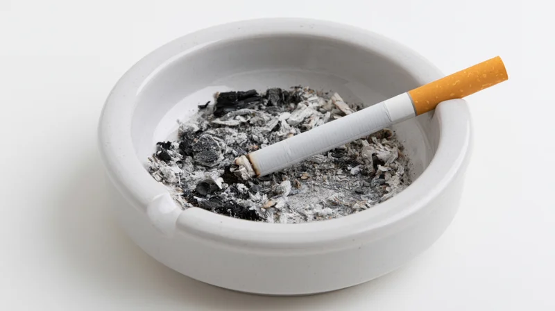 Half-smoked cigarette resting in a white ceramic ashtray filled with ash