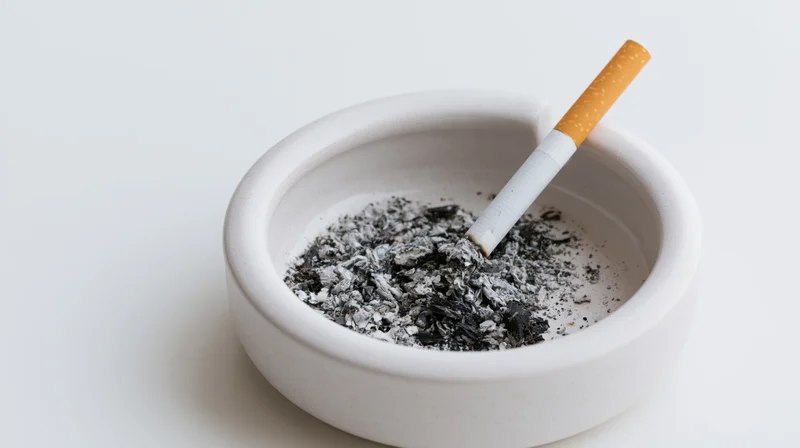 Half-smoked cigarette resting in a white ceramic ashtray filled with ash