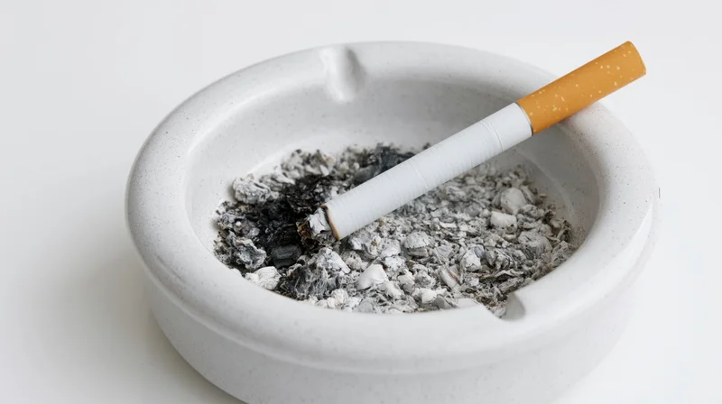 Half-smoked cigarette resting in a white ceramic ashtray filled with ash
