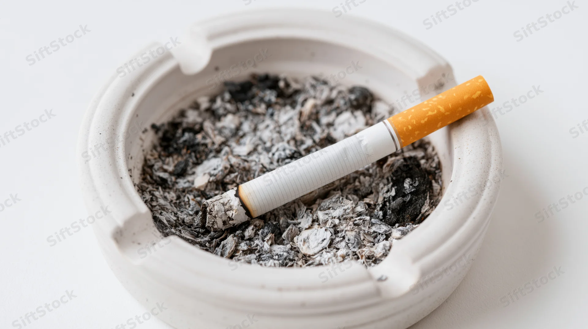 Half-smoked cigarette resting in a white ceramic ashtray filled with ash