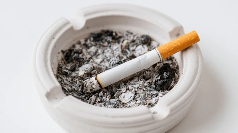 Half-smoked cigarette resting in a white ceramic ashtray filled with ash