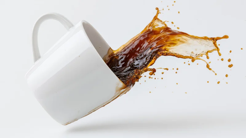 White ceramic coffee mug tipping mid-air with dynamic coffee splash against plain background