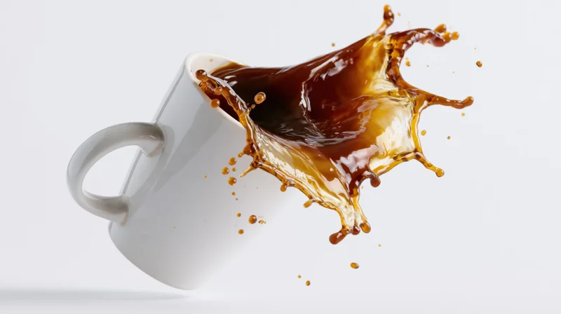 White ceramic coffee mug tipping mid-air with coffee splashing outward against white background