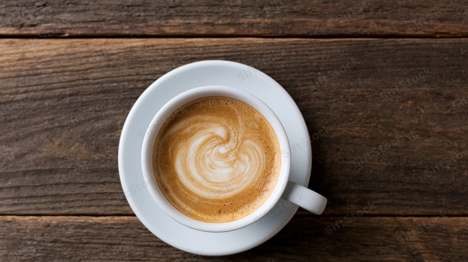 Cappuccino in a white ceramic cup with latte art on a wooden table viewed from above