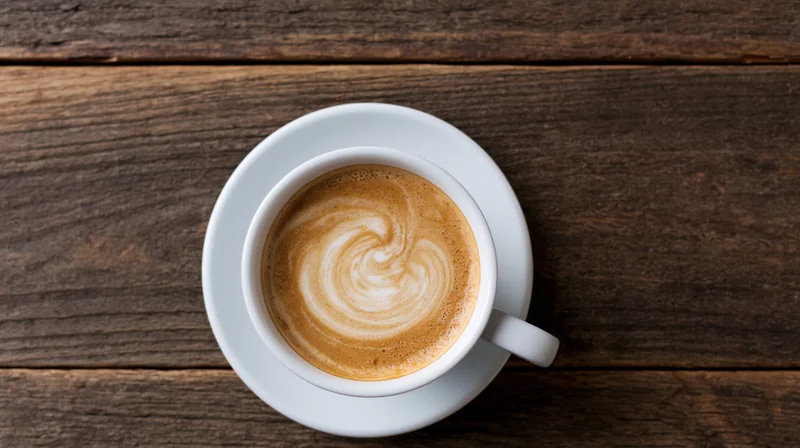 Cappuccino in a white ceramic cup with latte art on a wooden table viewed from above