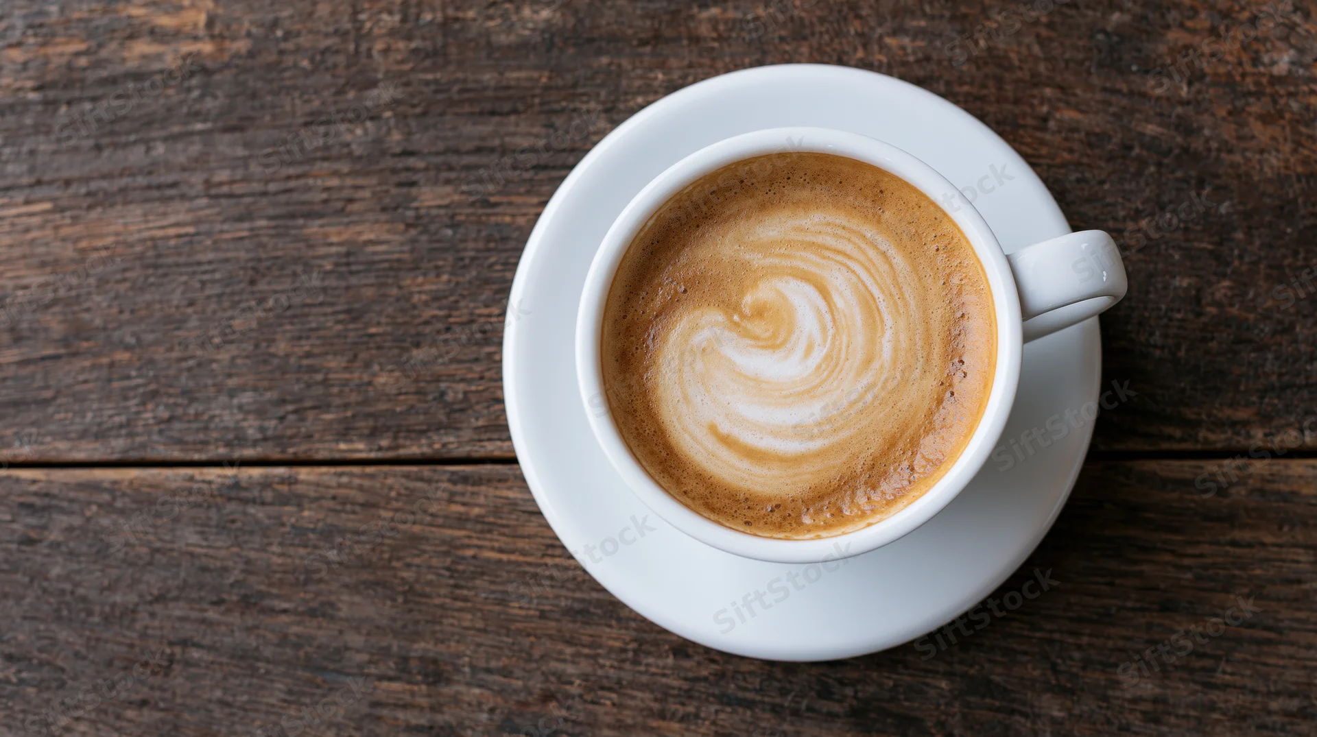 Cappuccino in a white ceramic cup with latte art on a dark wooden table, top view
