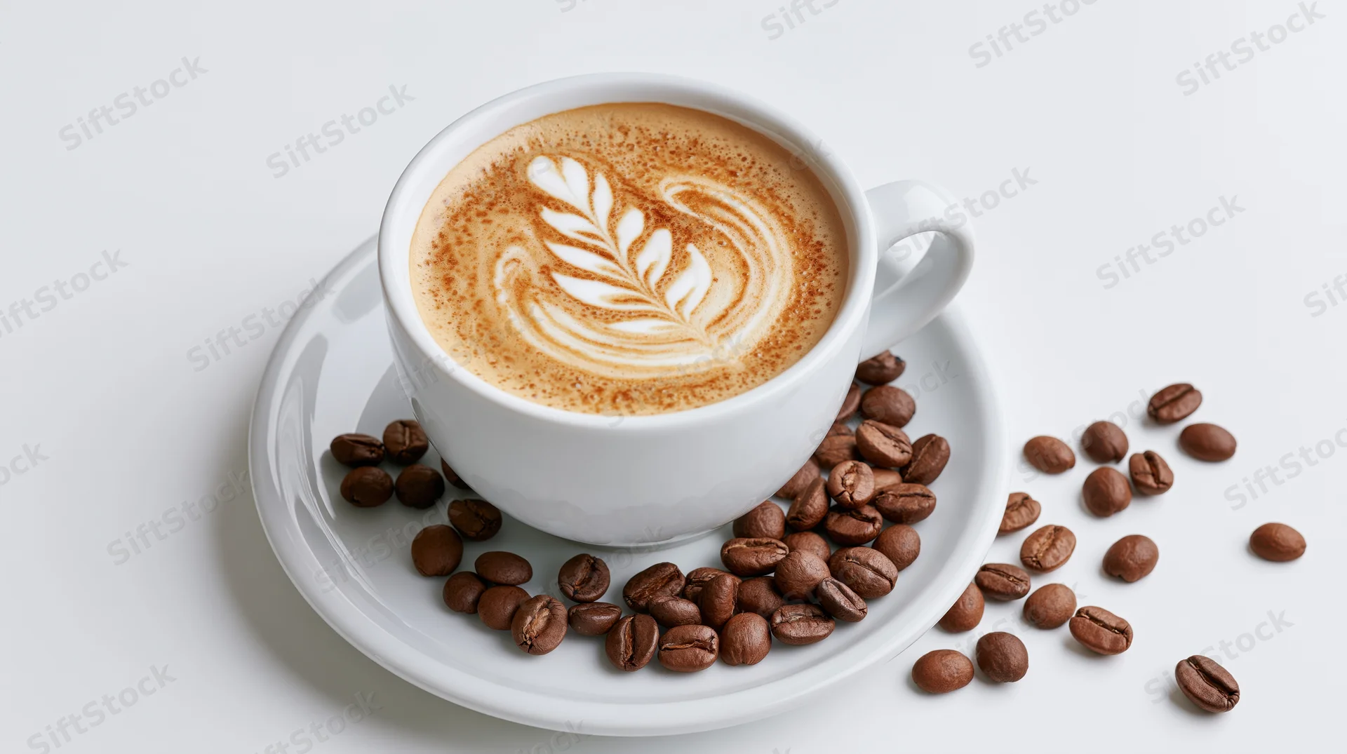 White ceramic cup with latte art and coffee beans on saucer against white background