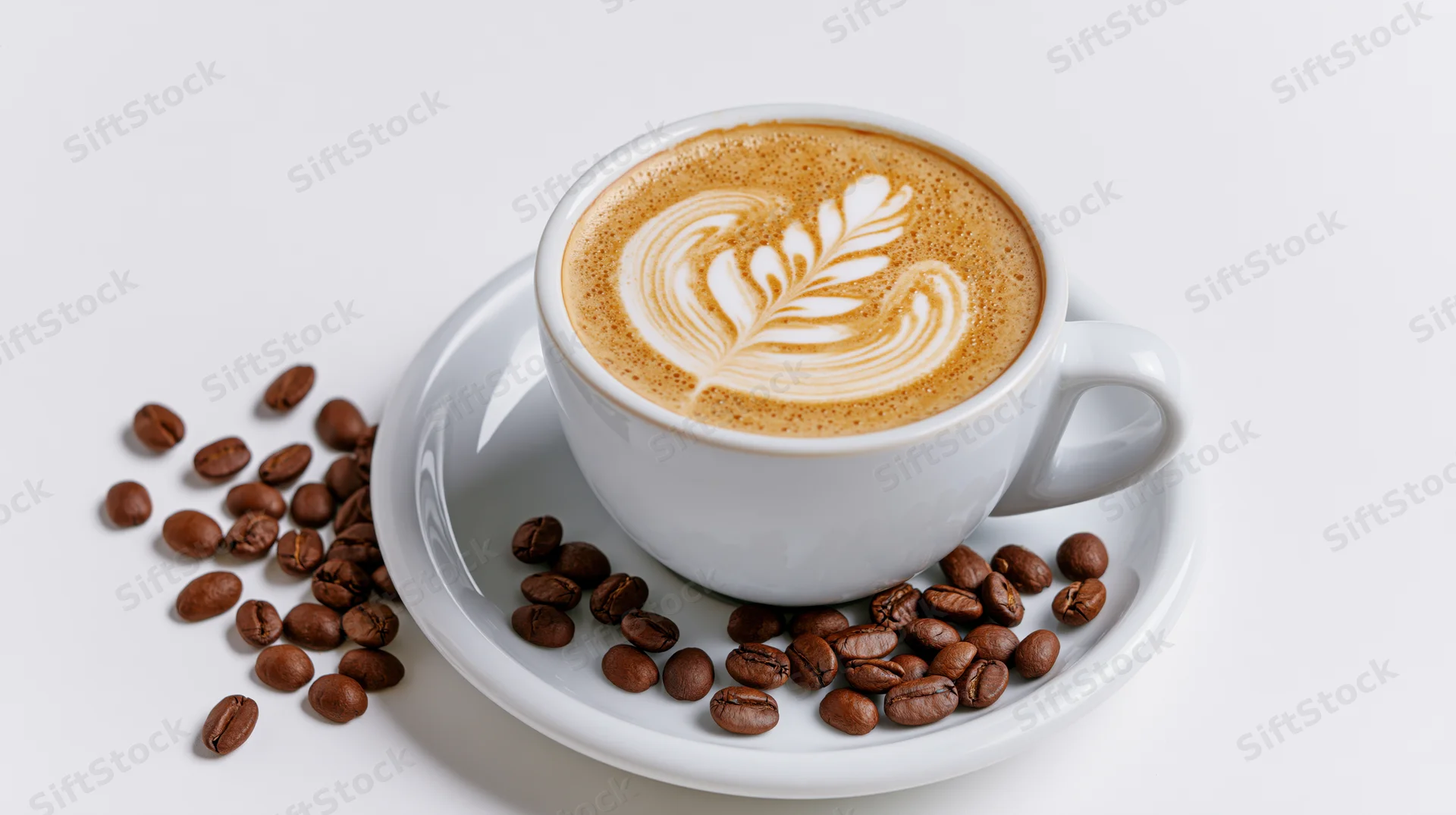 White ceramic cup with latte art leaf design on saucer surrounded by coffee beans on white background