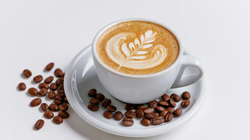 White ceramic cup with latte art leaf design on saucer surrounded by coffee beans on white background