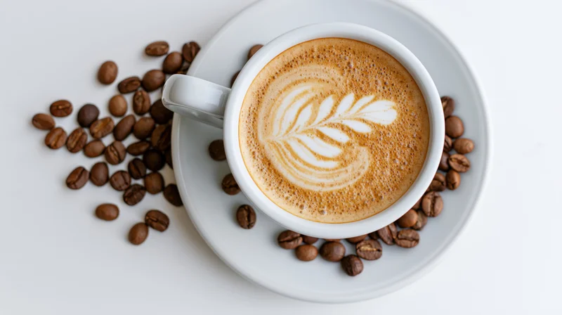 Latte with leaf foam art in white ceramic cup on saucer surrounded by coffee beans on white surface