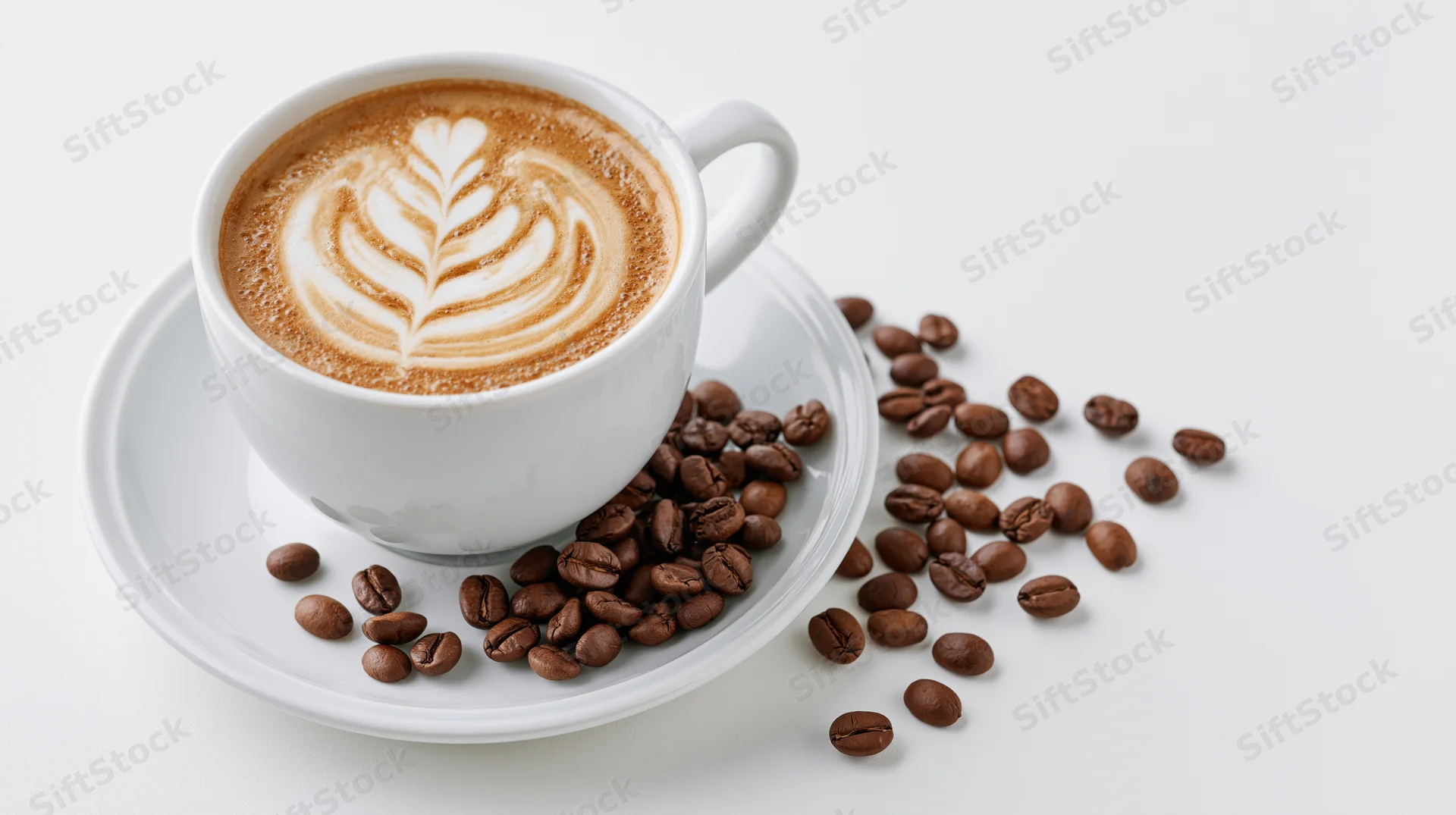 White ceramic cup with latte art and coffee beans on saucer against white background
