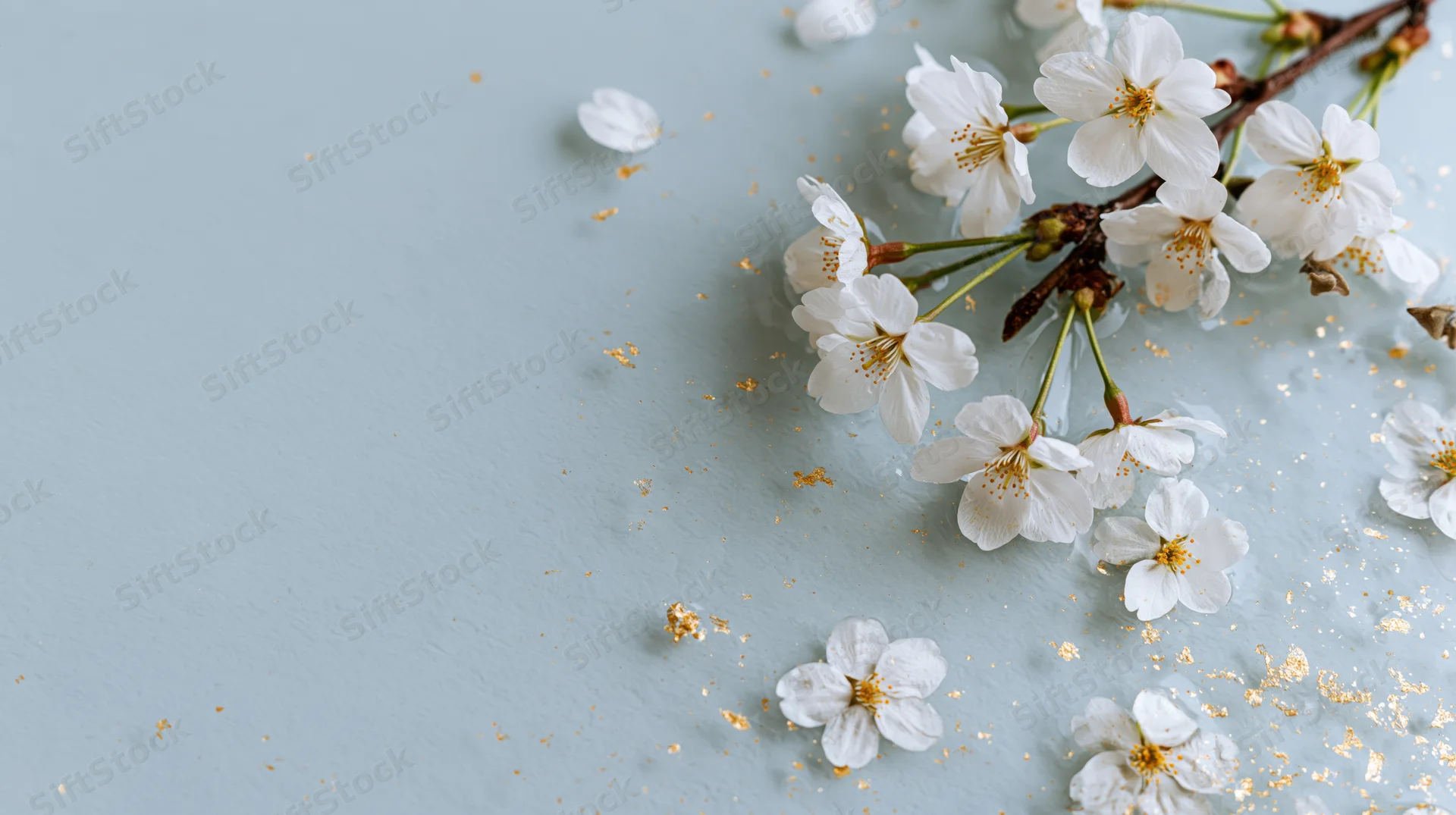 Cherry blossom branch with scattered petals and golden glitter on a light blue surface