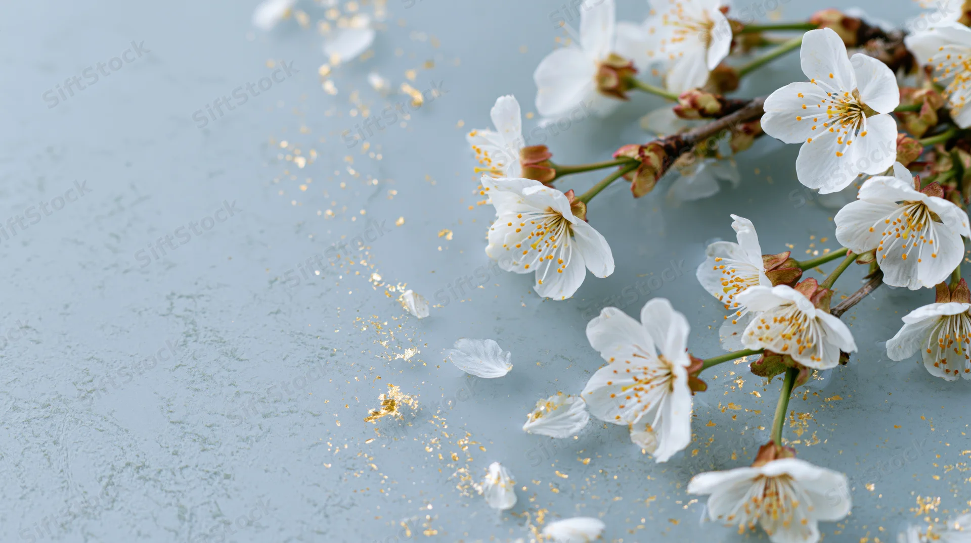 Cherry blossom branch with scattered petals and golden glitter on a light blue textured surface