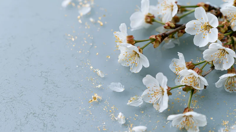 Cherry blossom branch with scattered petals and golden glitter on a light blue textured surface