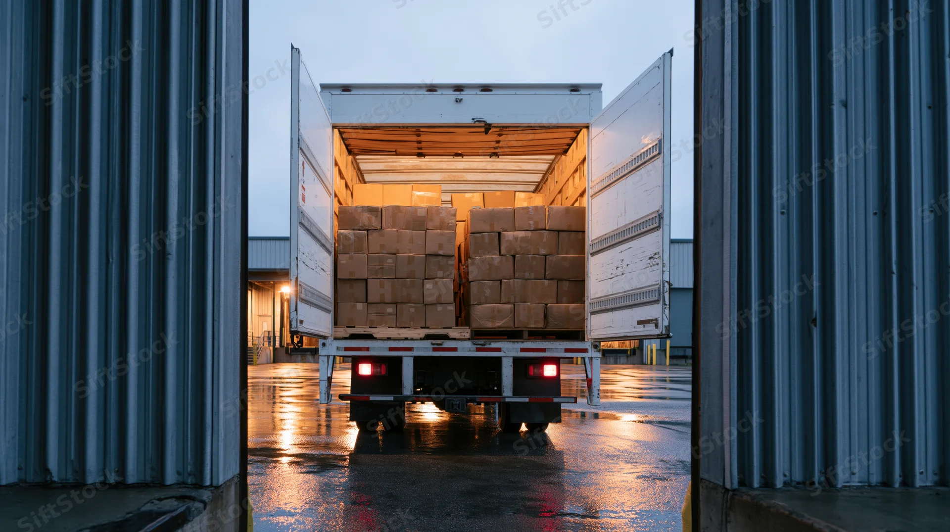 Rear view of a white delivery truck with open doors revealing stacked boxes inside, parked in a warehouse loading bay at dusk