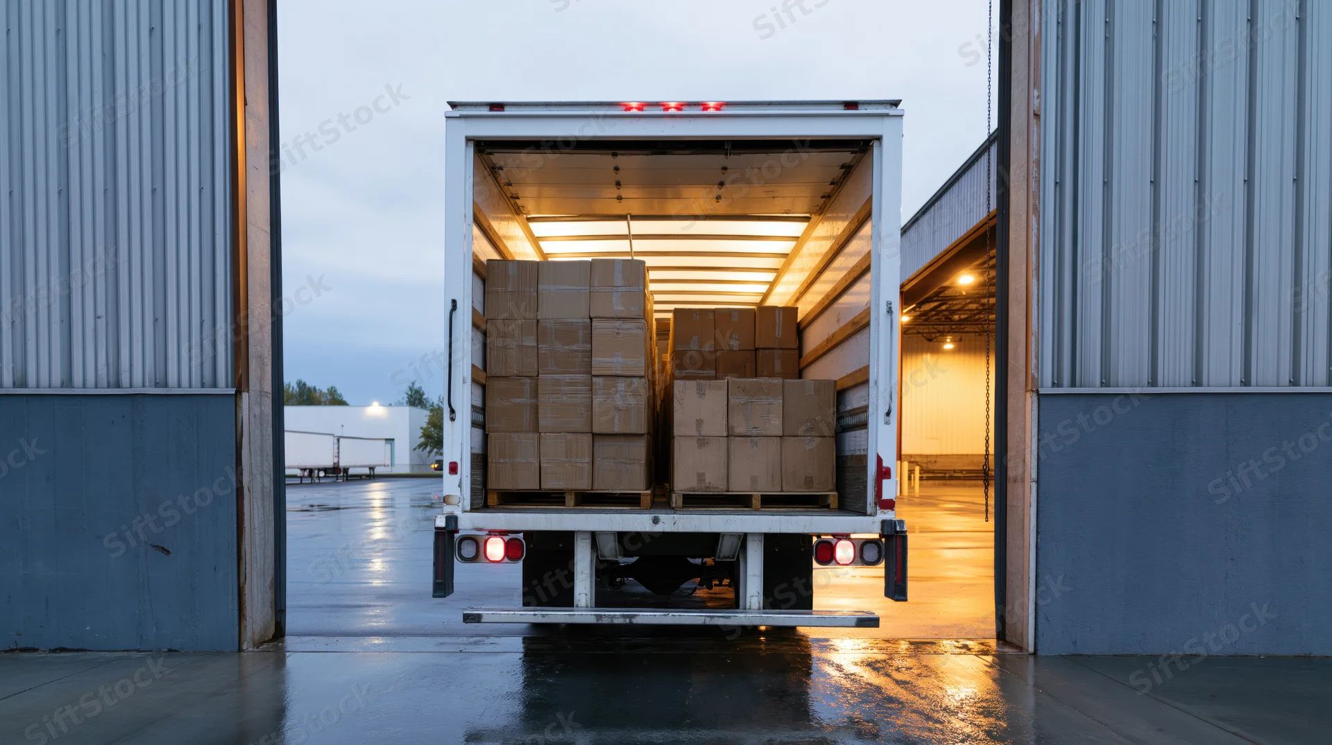 White delivery truck with open rear doors loaded with stacked boxes at warehouse loading dock