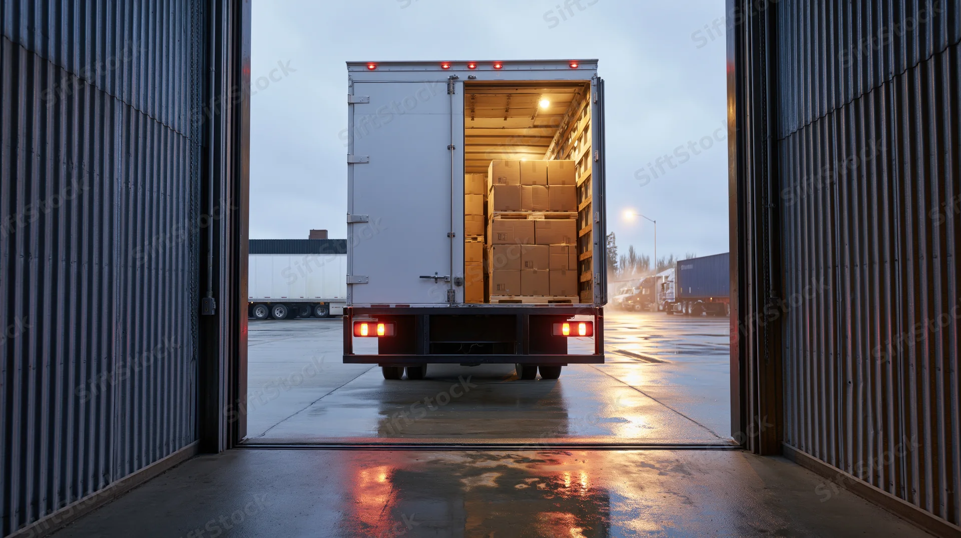 White delivery truck with open rear doors revealing stacked boxes inside, viewed from warehouse loading dock at twilight