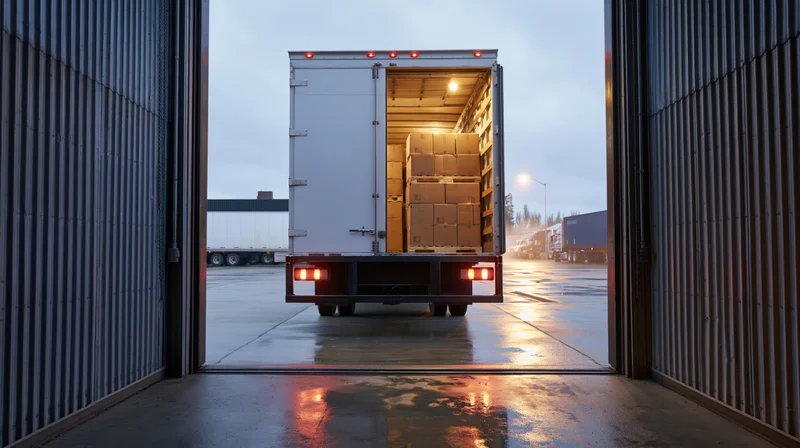 White delivery truck with open rear doors revealing stacked boxes inside, viewed from warehouse loading dock at twilight