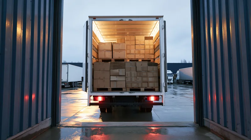 Delivery truck with open rear doors revealing stacked boxes inside, viewed from warehouse entrance at twilight