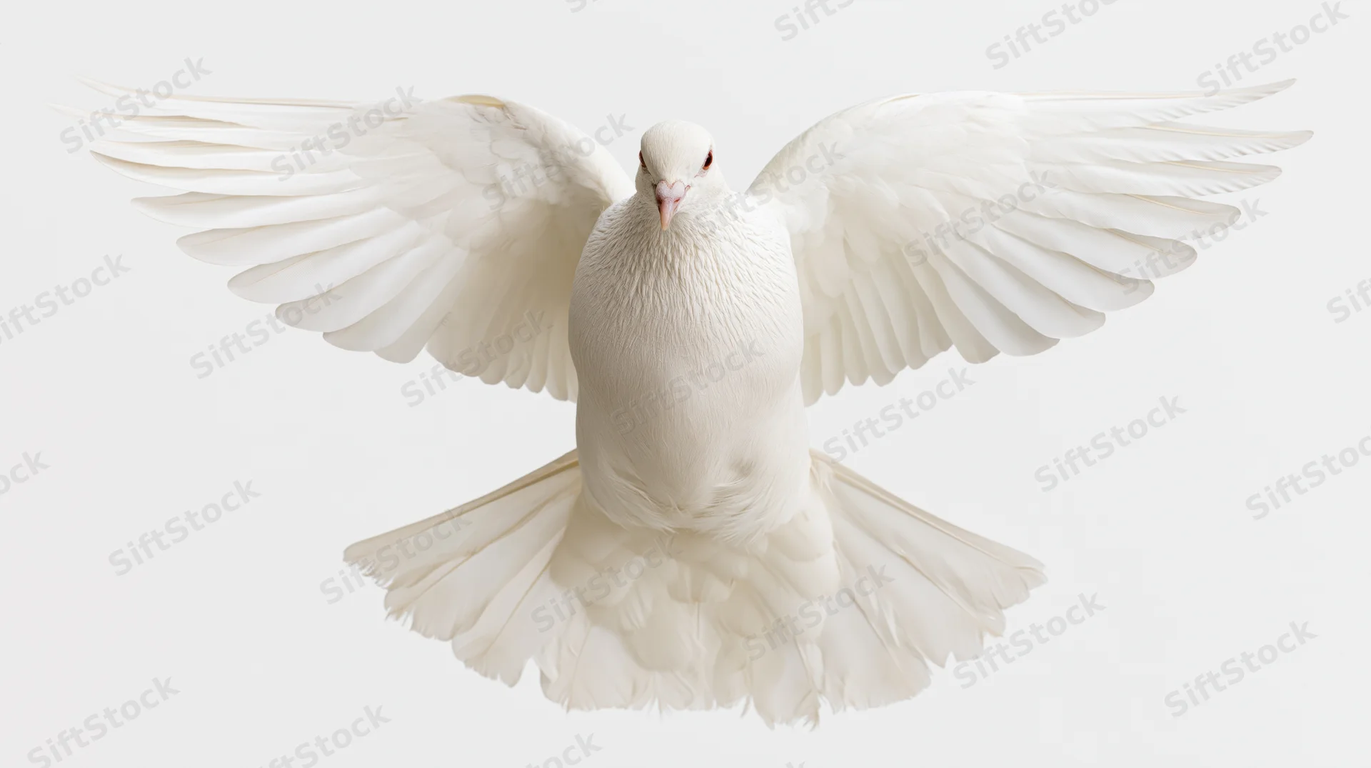 White dove in mid-flight with wings fully spread against plain white background