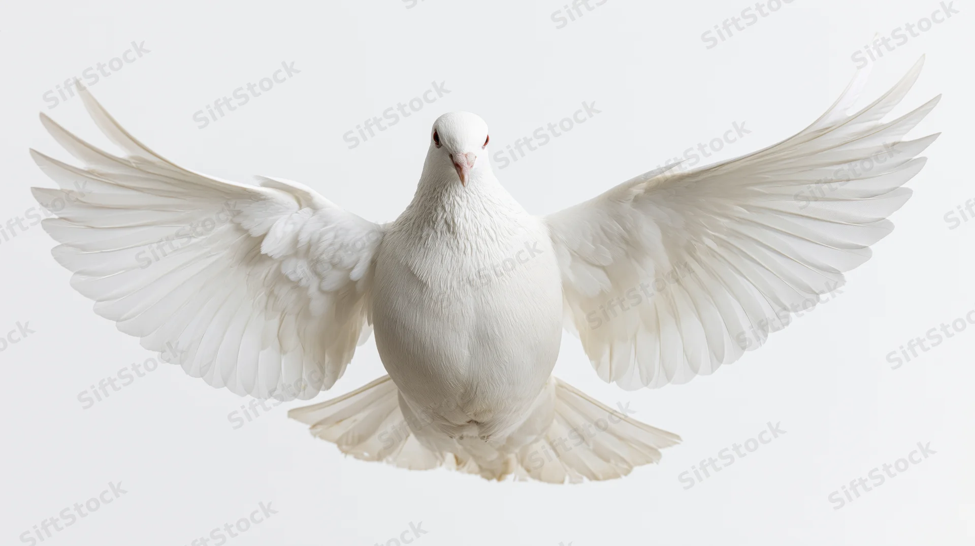 White dove in mid-flight with wings fully spread against a plain white background