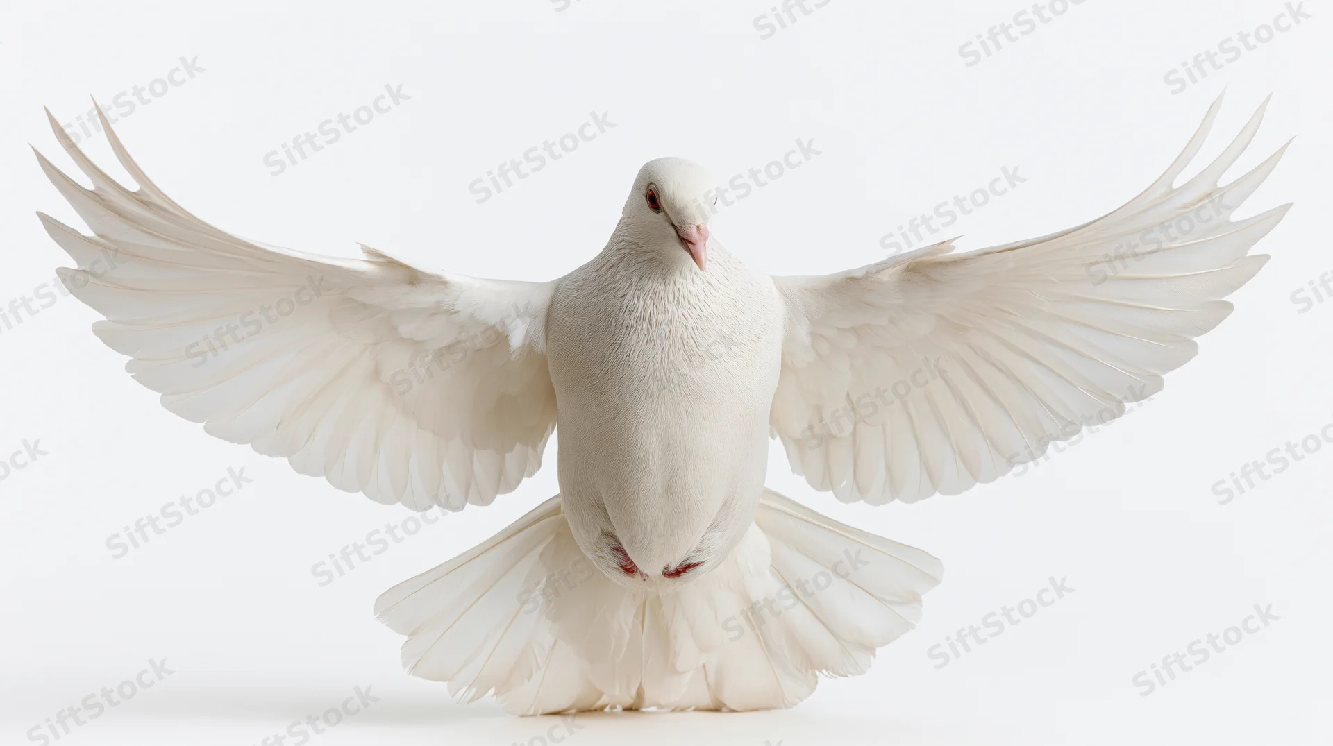 White dove with wings fully spread in mid-flight against a plain white background