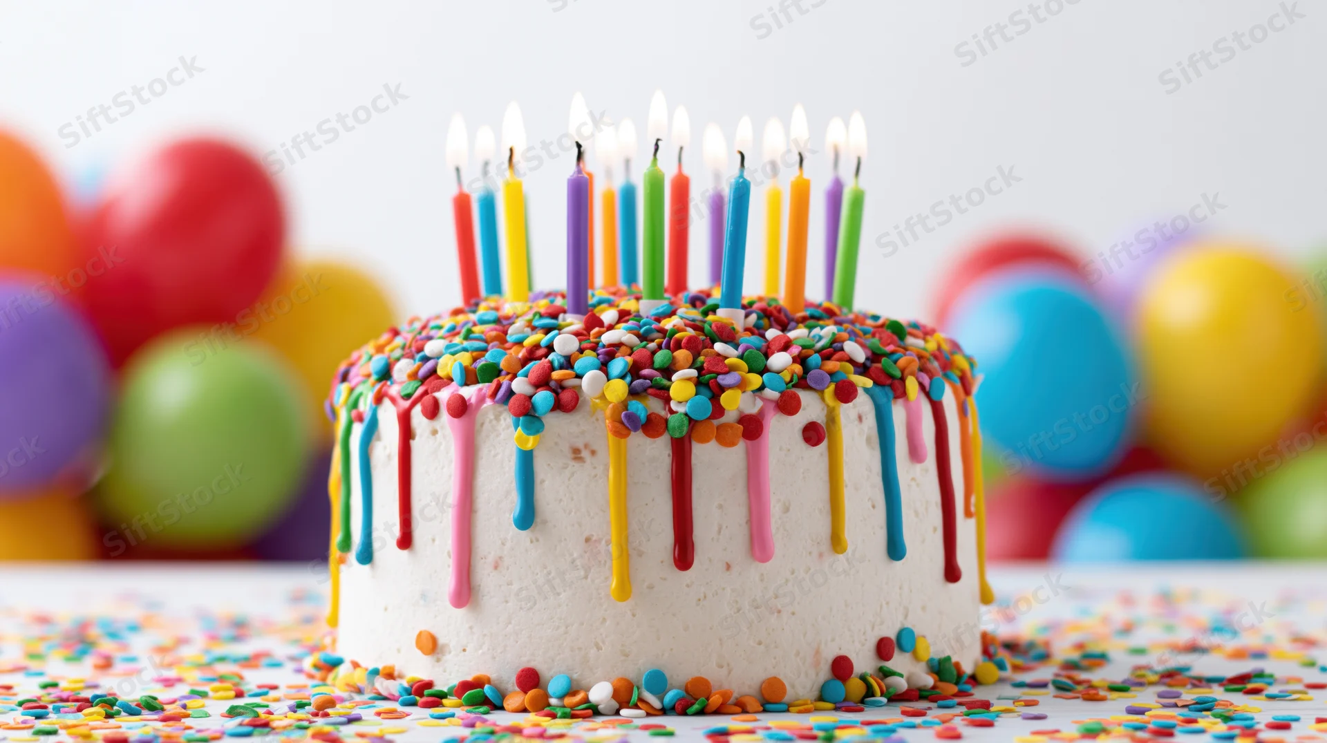 White frosted birthday cake with lit rainbow candles and sprinkles on a table surrounded by balloons and confetti