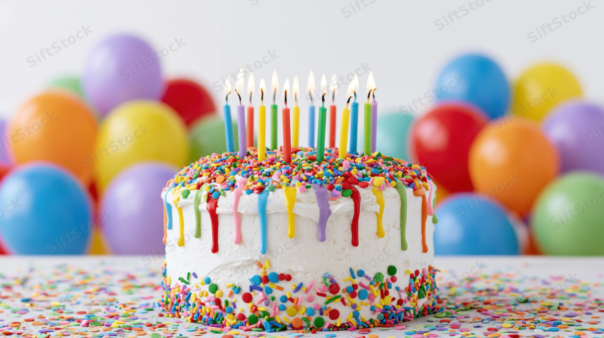 White frosted birthday cake with rainbow sprinkles and lit candles on a table surrounded by colorful balloons