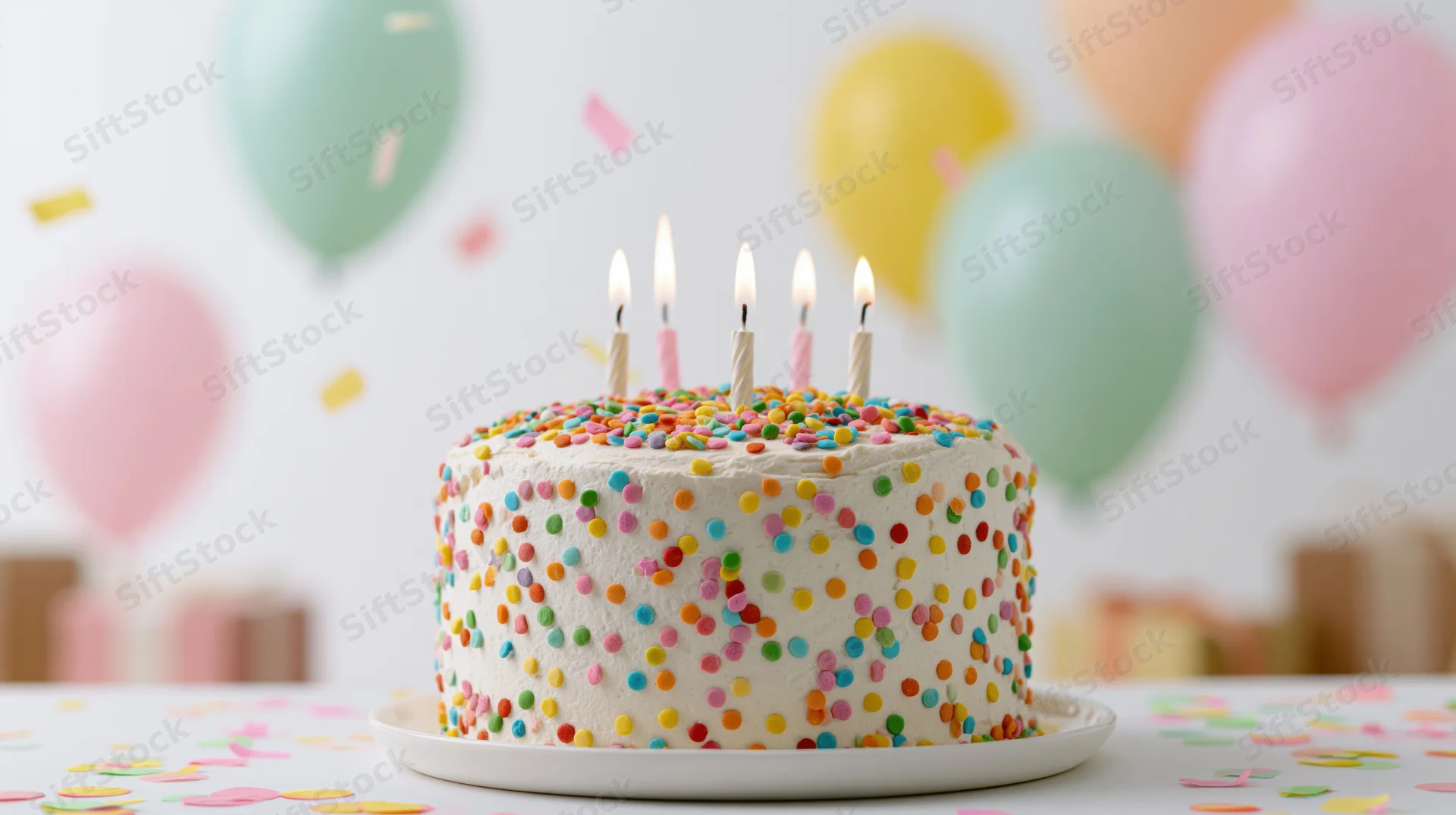 White frosted birthday cake with rainbow sprinkles and lit candles on a table surrounded by balloons and confetti